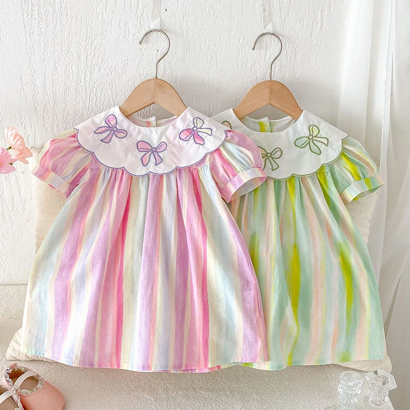

Новинка 2023 года, летняя одежда для маленьких девочек, детские платья принцессы, хлопковое платье в полоску с короткими рукавами, праздничное платье для маленьких девочек 1–6 лет