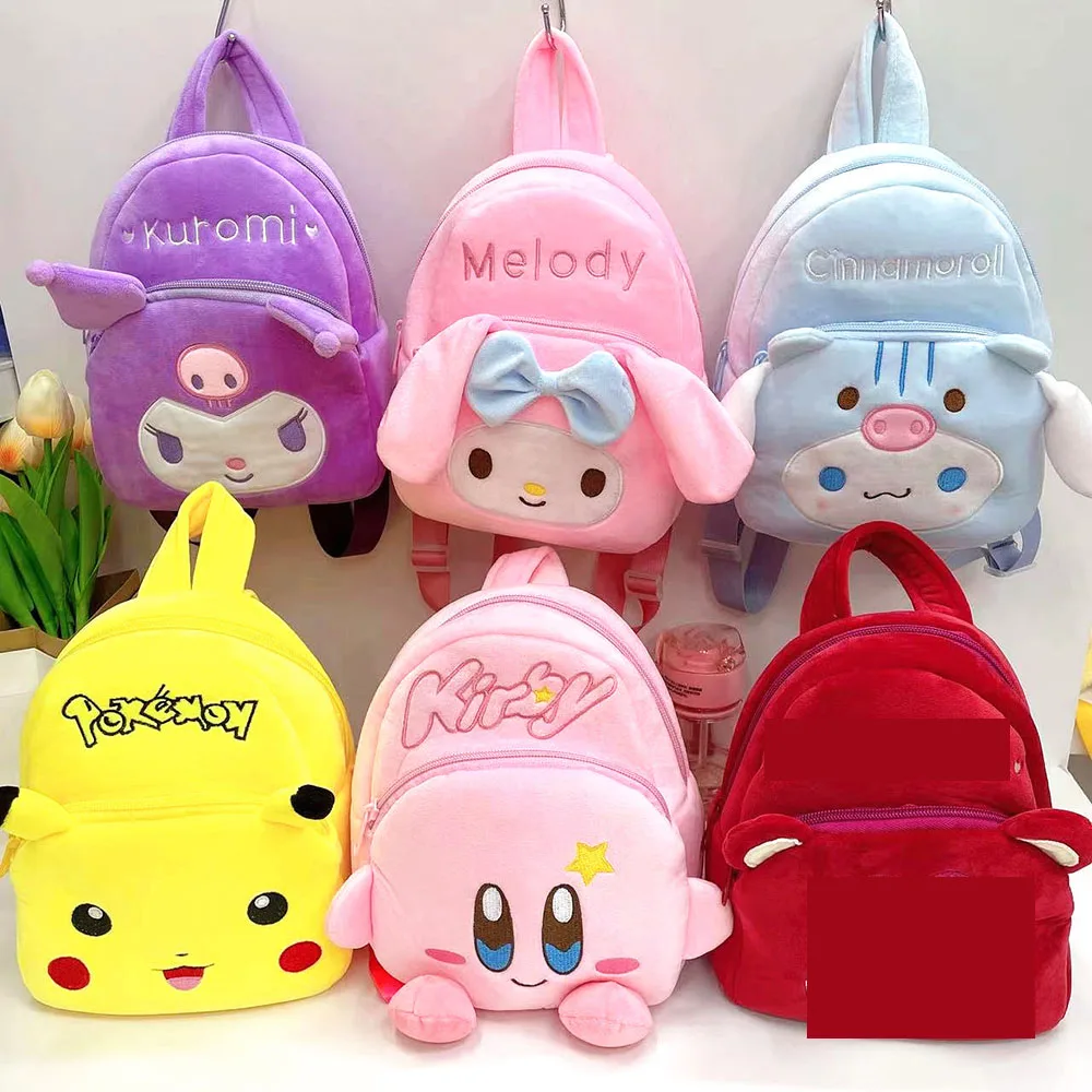 Sanrio Plush กระเป๋าเป้สะพายหลัง Kuromi Melody Cinnamoroll Plush กระเป๋าสะพายไหล่คีย์ Dompet Koin Kindergartenschool กระเป๋าเด็กผู้หญิงของขวัญ