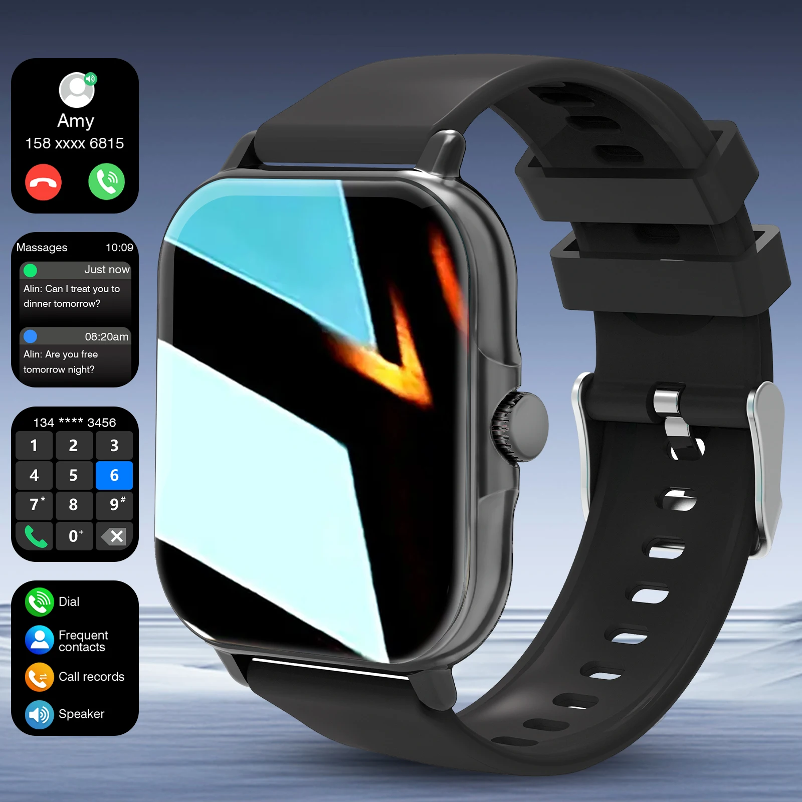 

2025 Square Screen Smart Watch: Wireless Calling, Dial Pad & Frequent Contacts, Message Reminder Silicone Strap for Men Women