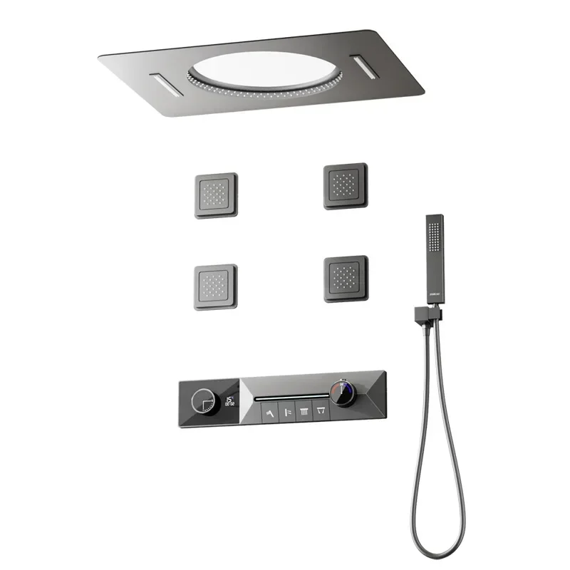 

Скрытый водопадный душ, встроенная термостатическая кнопка окружающего света, душ для отеля, полностью медный душевой набор