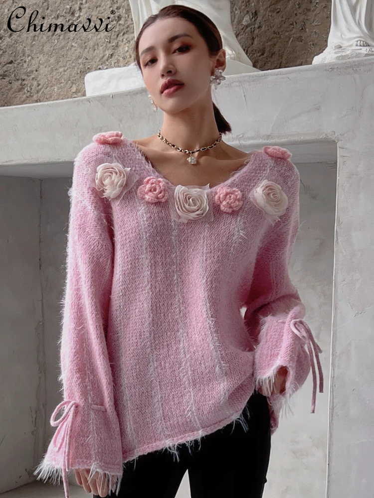 

French Elegant Style V-Neck 3D Flower Lace-Up Long Sleeve Sweet Versatile Knitted Sweater Casual Pullover Tops for Women Autumn