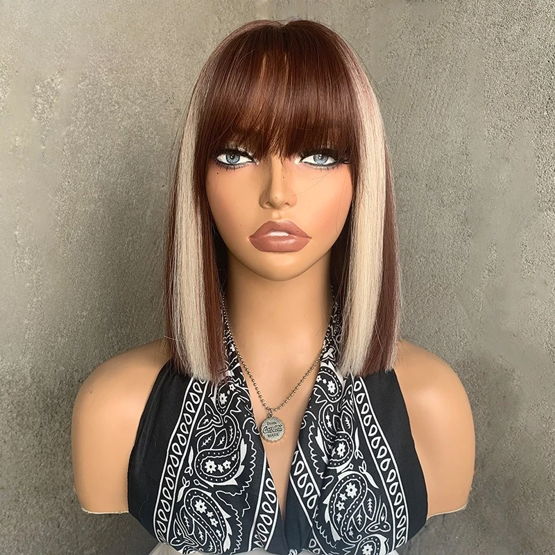 

Bobo Head Short Straight Hair Qi Bangs Brown Highlights Natural European American African Wig Women's Headgear