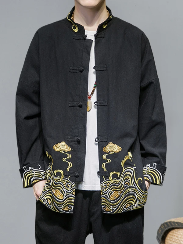 

New Chinese Sle Men's Embroidered Jaet Retro Sle Button down Coat Loose Fit ort Length Casual Travel Wear
