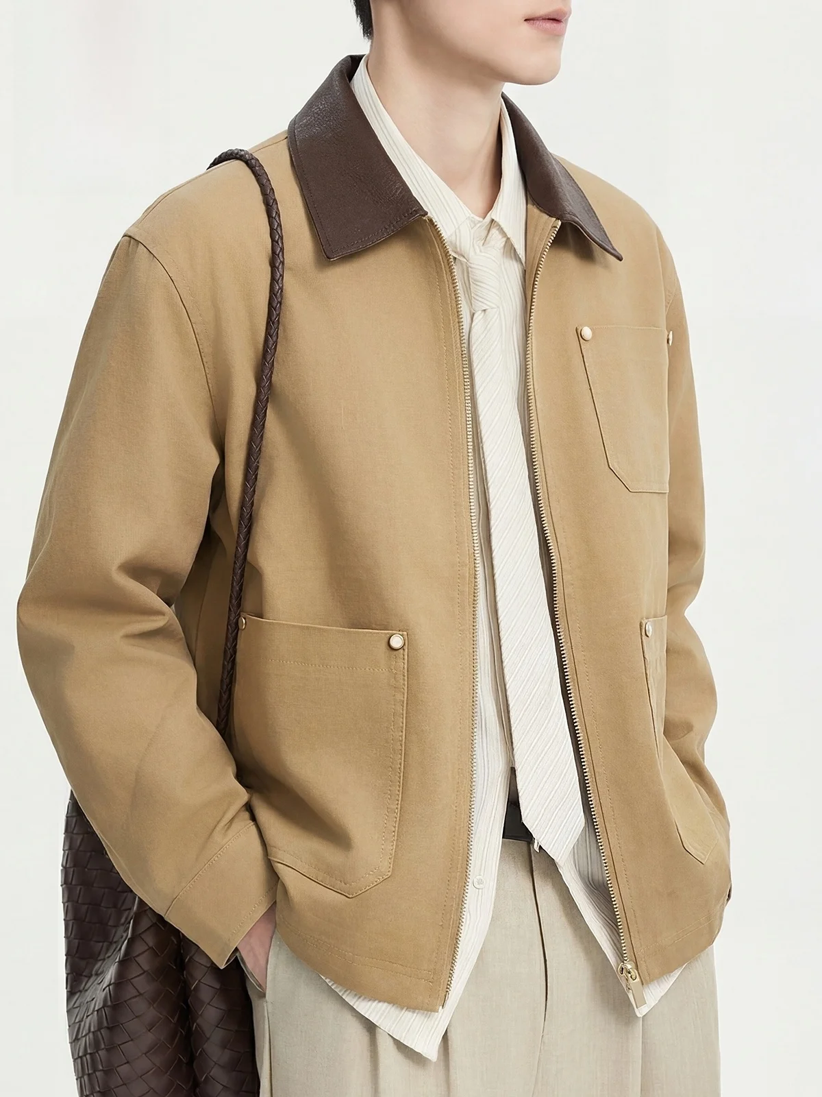 

Мужская куртка Lormen из чистого хлопка с кожаным воротником в стиле ретро, повседневная весенняя рабочая одежда, верхняя одежда на молнии, свободный крой