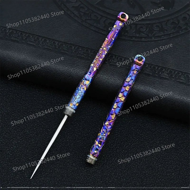 Hand Carved Titanium Toothpick, Multi-Function Dental Pick Hook, EDC Portable Keychain Tool for Outdoor Survival