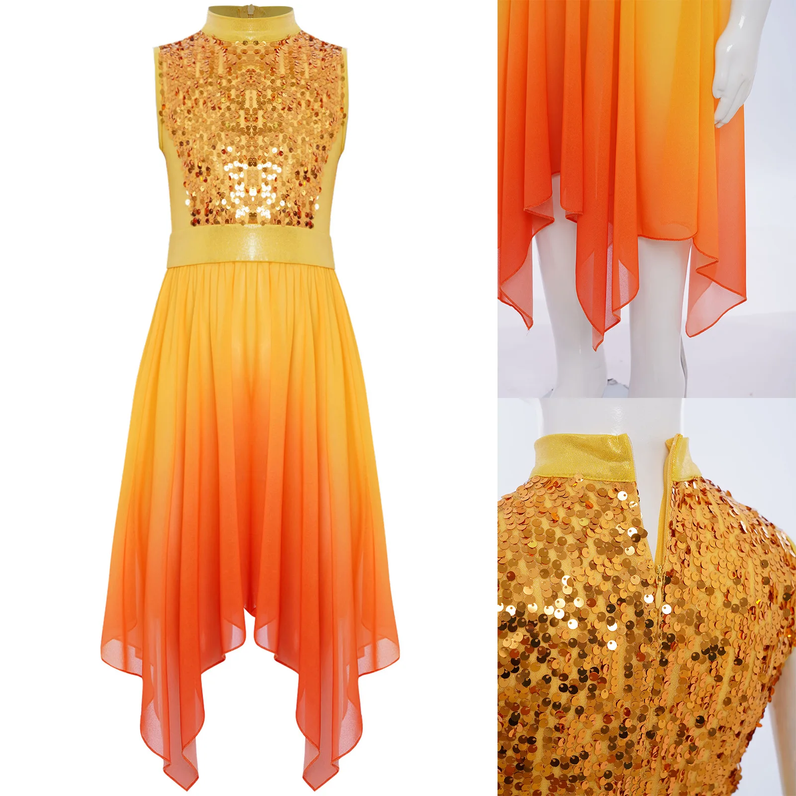 

Girls Liturgical Dance Set Worship Praise Costume Sleeveless Sequins Bodice Tunic Dress Pants Set Outfit for Dancing Performance