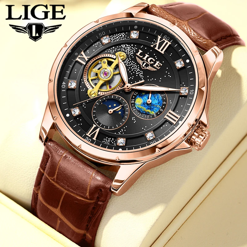 

LIGE 2026 new luxury men's watch luminous leather mechanical watch moon phase mens wristwatch fashion watches for men business