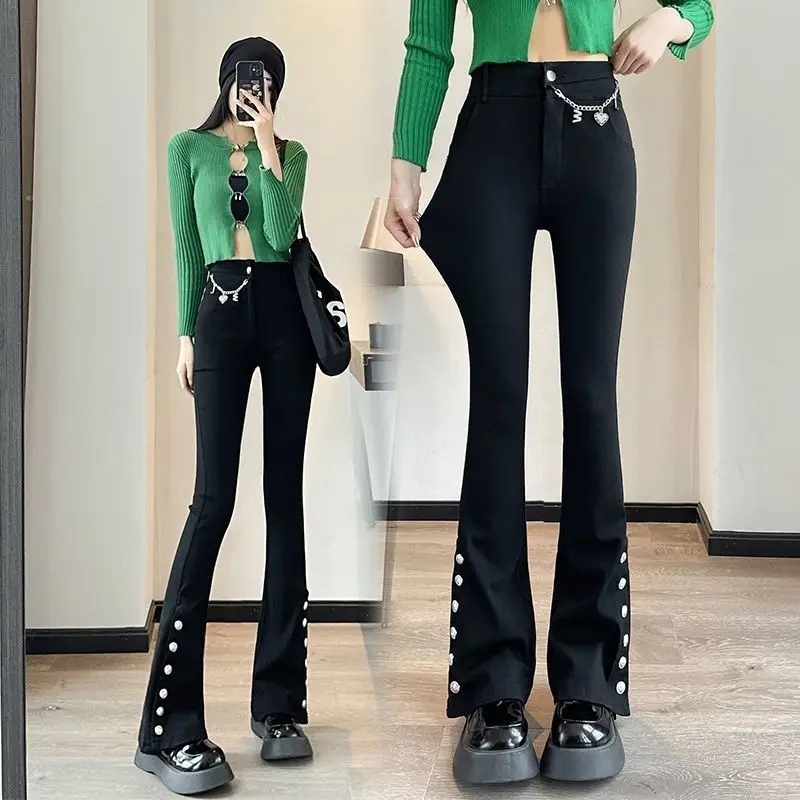 

Fashion New Hollow Out Chains Bootcut Women's Spring Autumn Solid Color Elastic High Waist Commuter Casual Split Buttons Pants