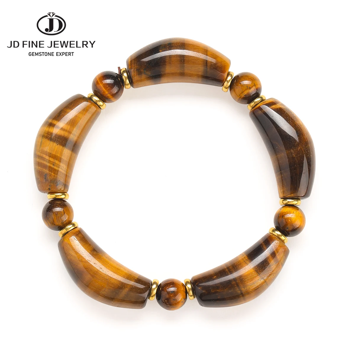 Natural Yellow Tiger Eye Curved Tube Beads Bracelet Brass Spacer Round Beaded Stretch Bracelets for Men Women Boho Jewelry
