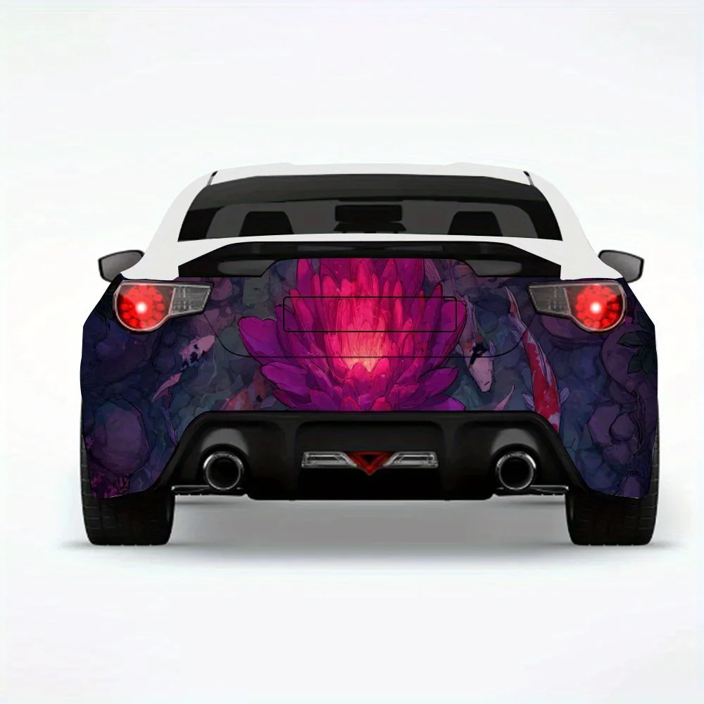 

Загадочный фиолетовый лотос с рыбой кои, автомобильная наклейка, виниловая наклейка на заднюю часть автомобиля, водонепроницаемые самоклеящиеся виниловые наклейки для автомобиля