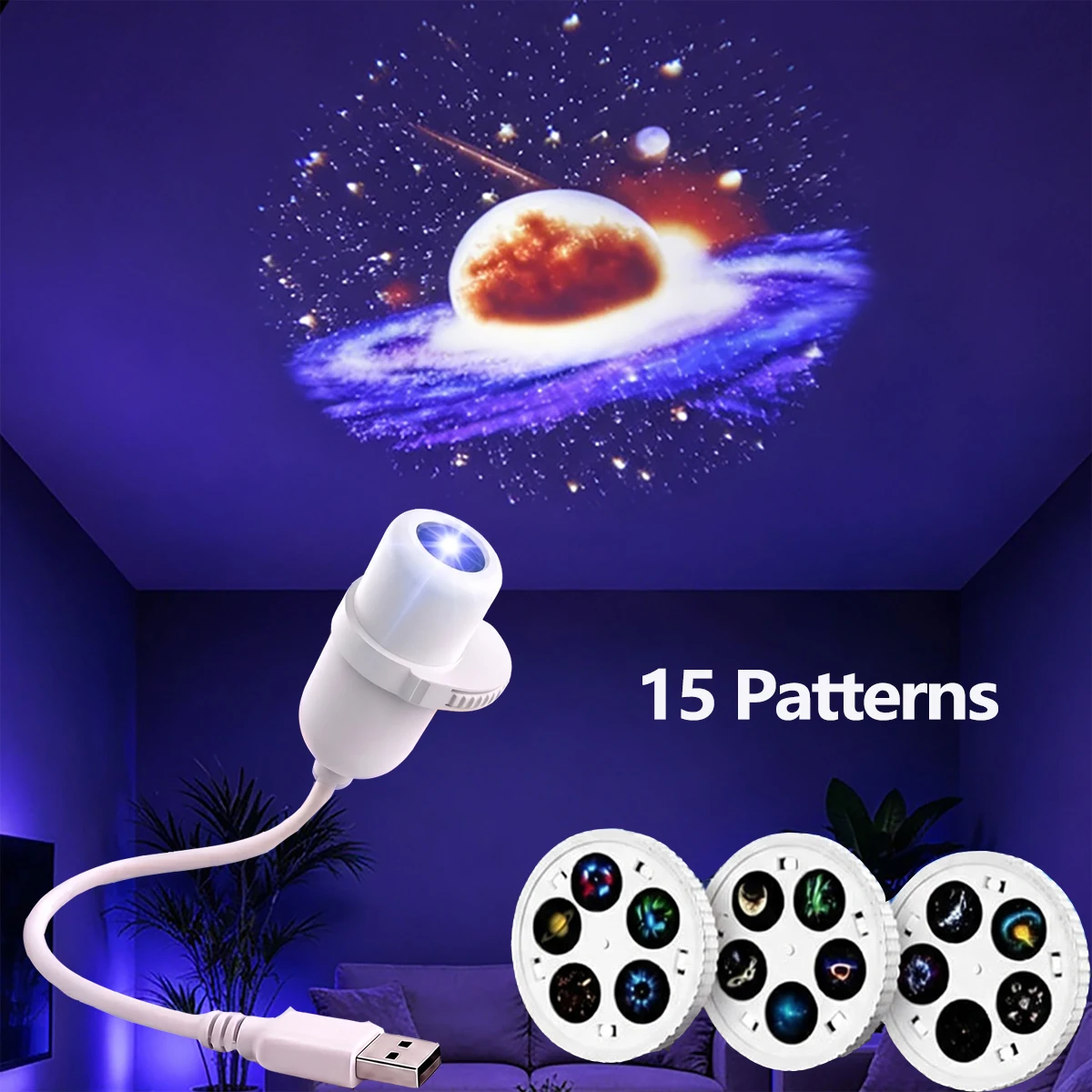 USB Star Galaxy Projector Lamp 360°Rotatable Flexible Planet Moon Projection Night Light 15 in 1 Car Bedroom Ceiling Decor Gift