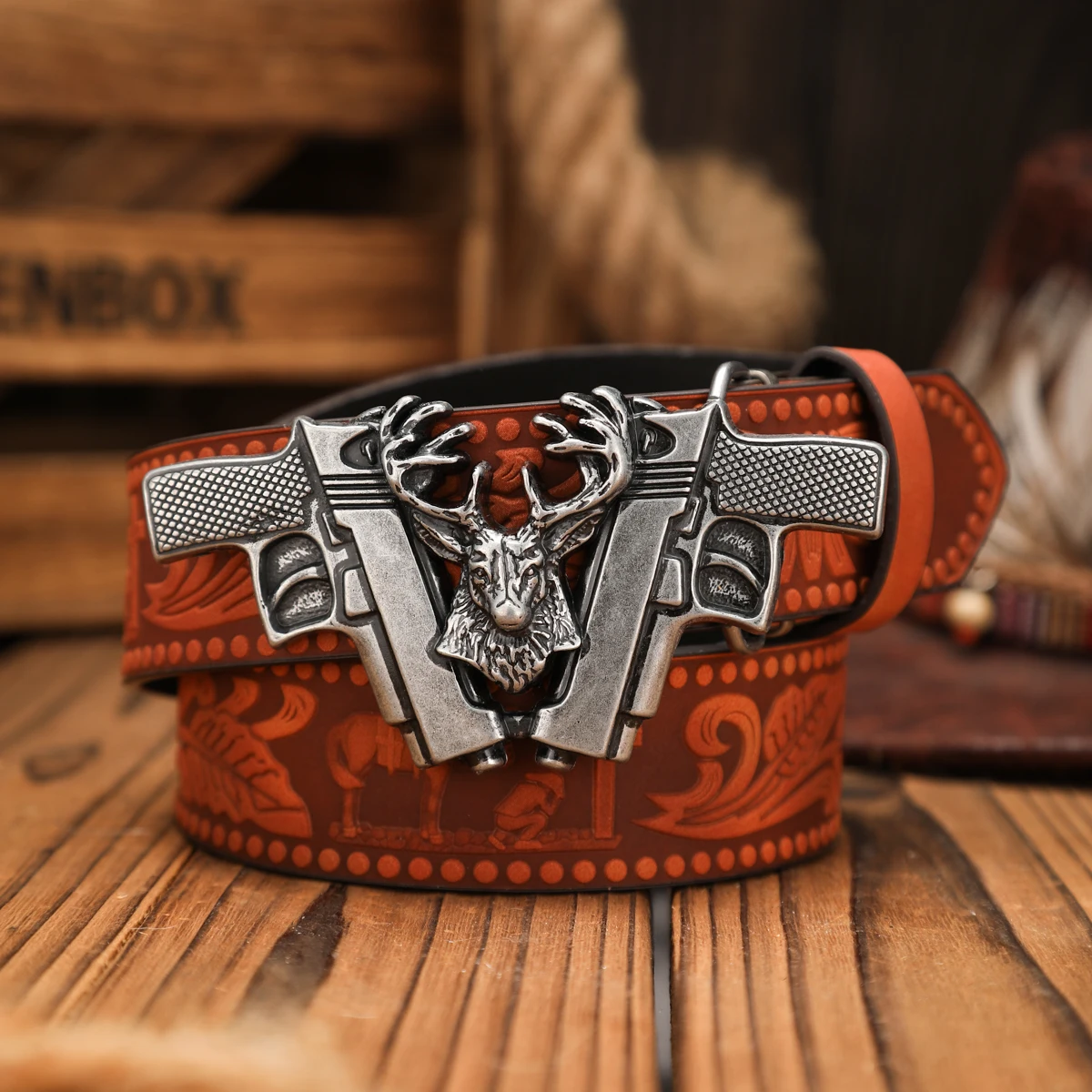Ein PU-Gürtel im Western-Stil, geeignet für Männer und Frauen, ein einzigartiger Retro-Gürtel in Dunkelbraun (mit perforierten Nieten) – Detail 7