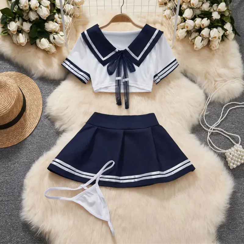 Cosplay Sexy Lingerie Set Women's 2 Piece Nightgown Student Uniform Set Short Top Crotchless Dresses Erotic Bra Nightdress