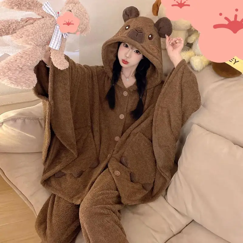 

winter Women's pajamas suit student Comfortable Sleepwear thicken fleece-lined Solid Color Pajamas coral fleece Pajama homewear