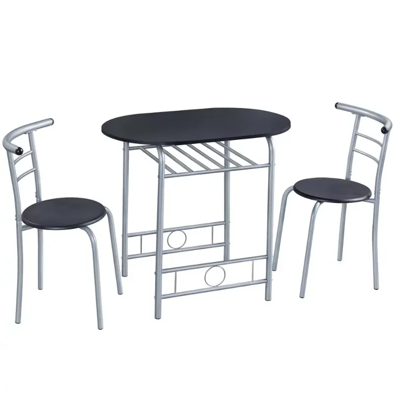 3pcs Modern Dining Set with 1 Round Table 2 Chairs for Home, Black dining table set