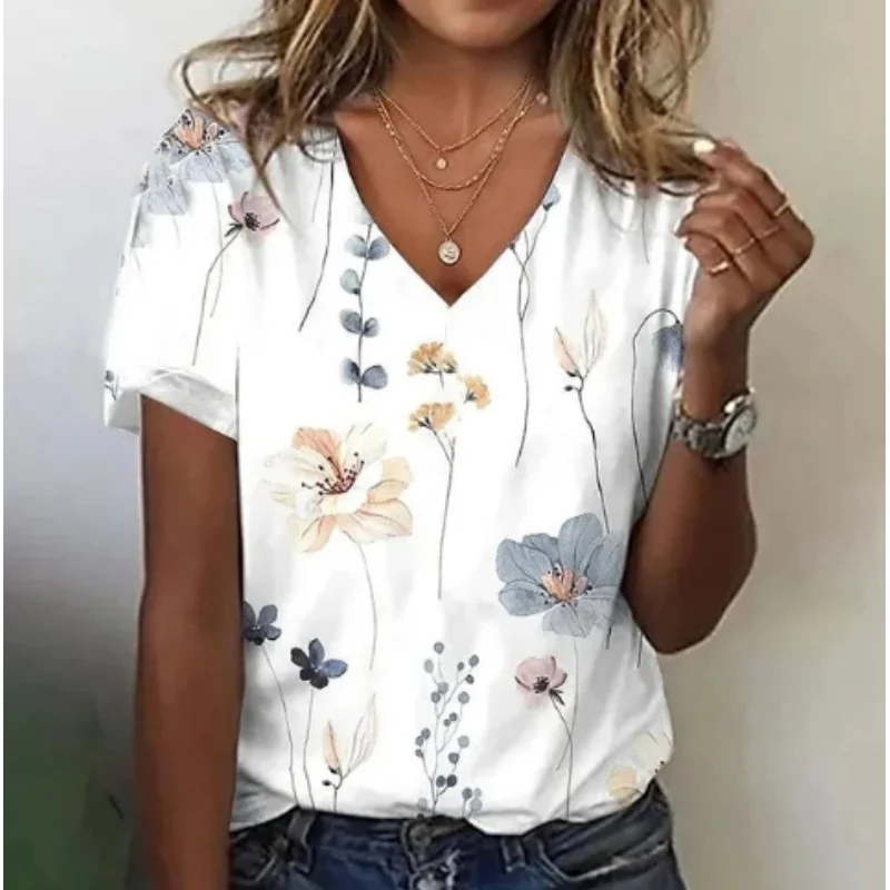 Summer new short sleeved top women's V-neck pullover floral pattern retro style commuting personality street trend women's top