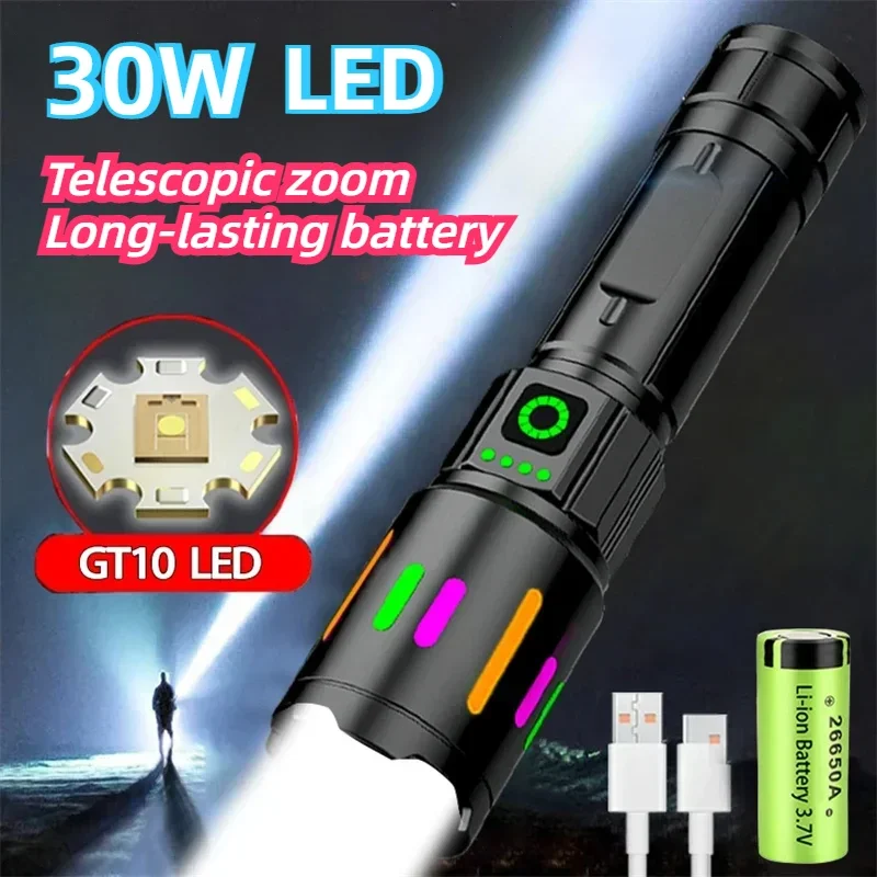 High Power  Led Flashlight Rechargeable Retractable Flashlight Digital Zoom Usb Hand Light for Camping,Outdoor and Emerge