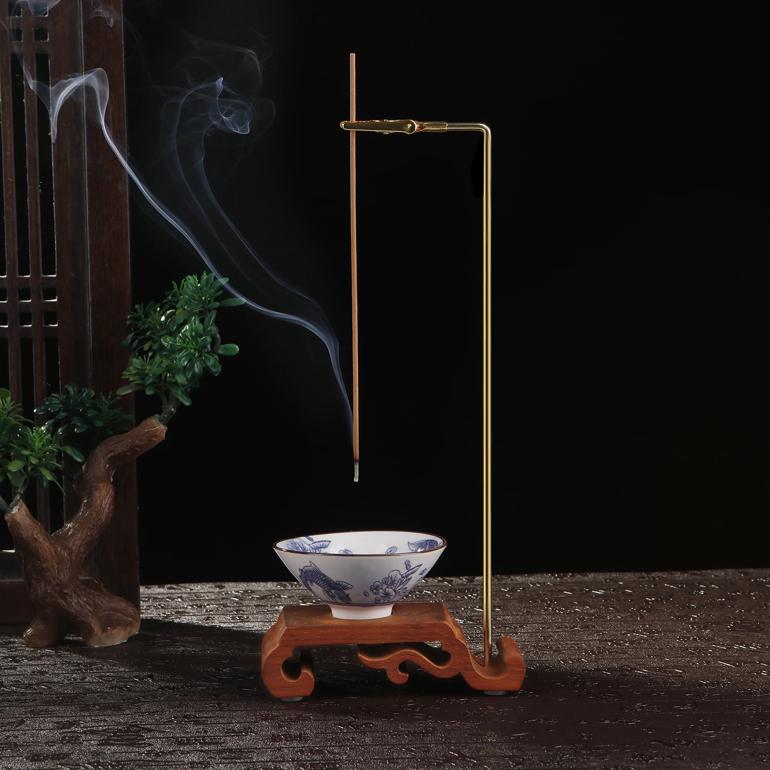 Rosewood Incense Holder for Sticks Upside Down Incense Burner with Porcelain Ash Catcher Buddhism Supplies Home Decor