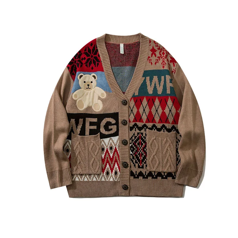 Ugly Christmas Sweater Cute Bear Top Oversize Men High Street Knitting Sweater V-neck Single-breasted Pullover Women Couple Coat