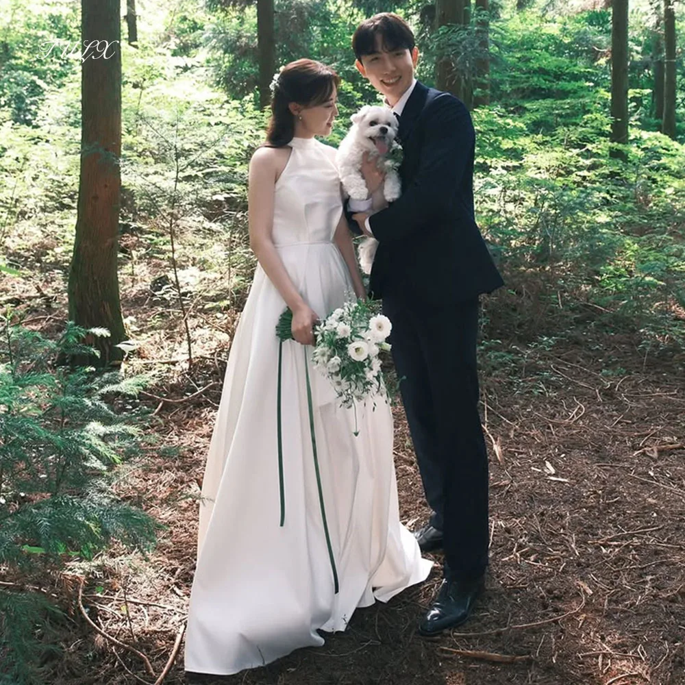 TULX Prosta suknia ślubna w kolorze kości słoniowej, koreańska sesja zdjęciowa, halter, bez rękawów, długość do podłogi, suknie ślubne z gorsetem, 웨딩드레스, możliwość personalizacji, 2025