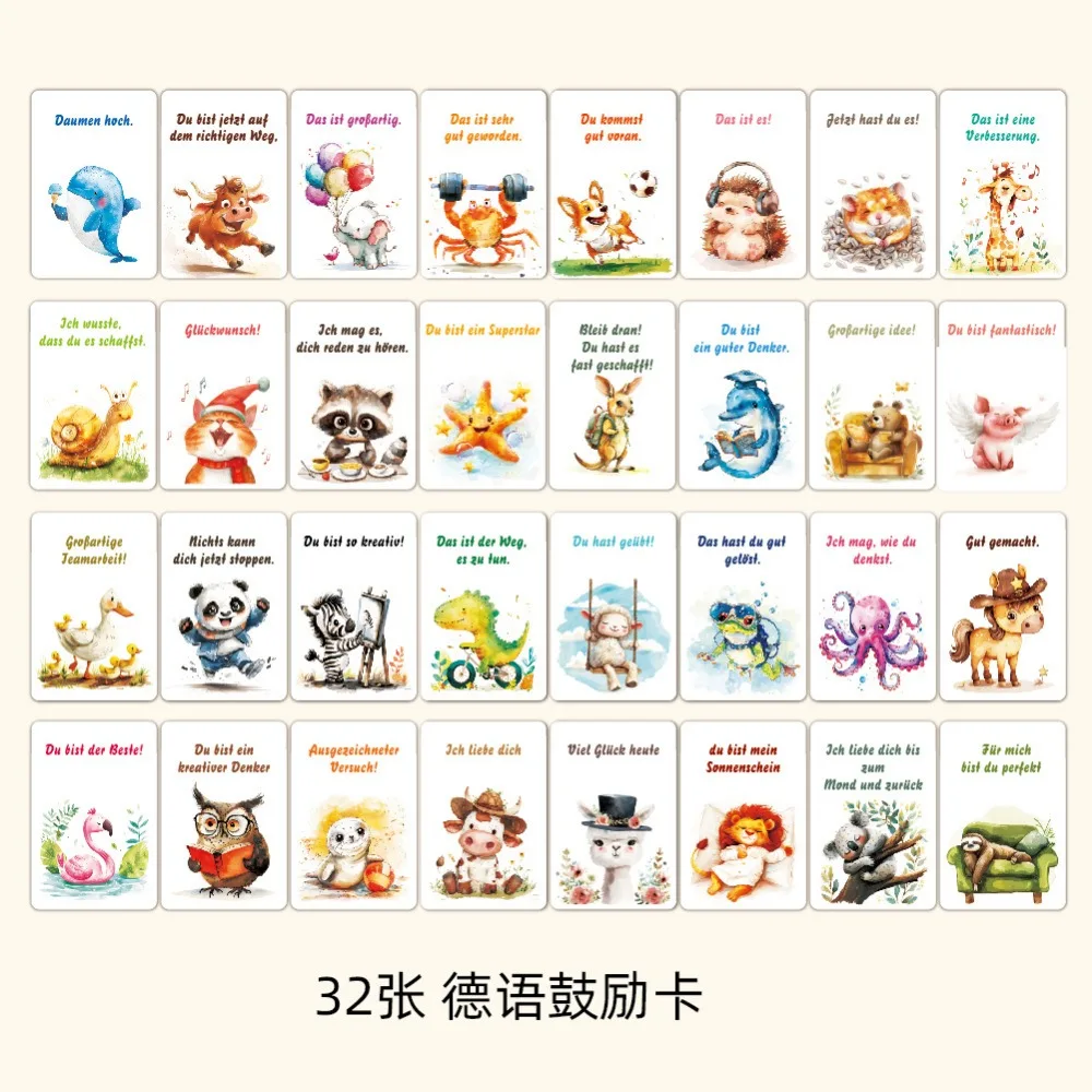 German 32PCS Cute Watercolor Animal Encouragement Cards Affirmation Words Emotion Learning Mindfulness Support Card Set