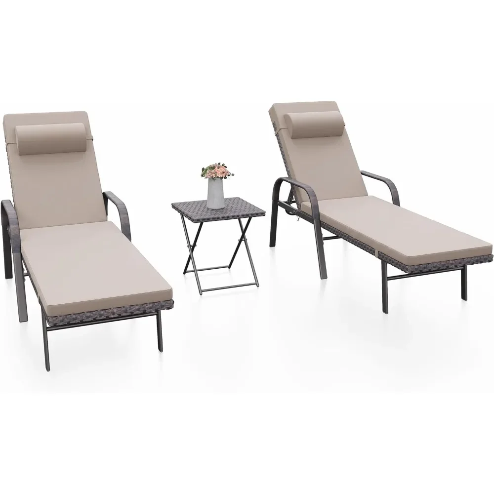 

Outdoor Chaise Lounge Chair Set 3 Pieces, Rattan Reclining Chairs Adjustable Backrest with Folding Table, Lounge Chair