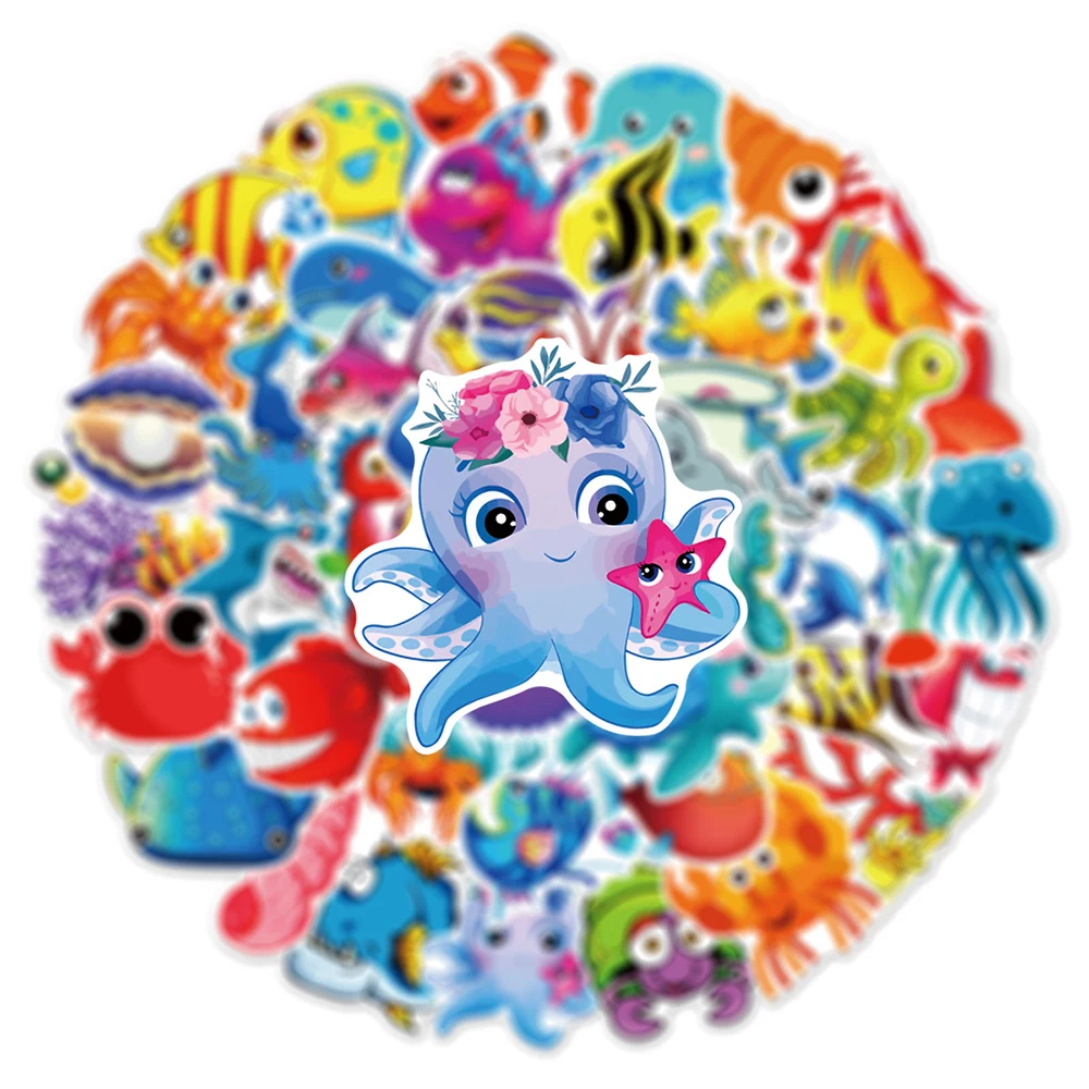 10/30/50pcs Sea Fishes Animal Cartoon Stickers Ocean World Plants Coral Jellyfish Cute Decals DIY Diary Laptop Kids Toy Sticker