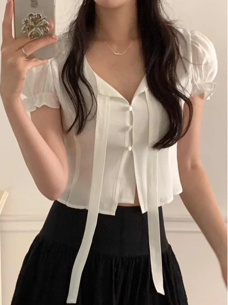 

Шикарный женский ор Све с высокой талией irt с бантом на одной пуговице Bubble Sve Повседневный летний топ Faion с защитой от ультрафиолета