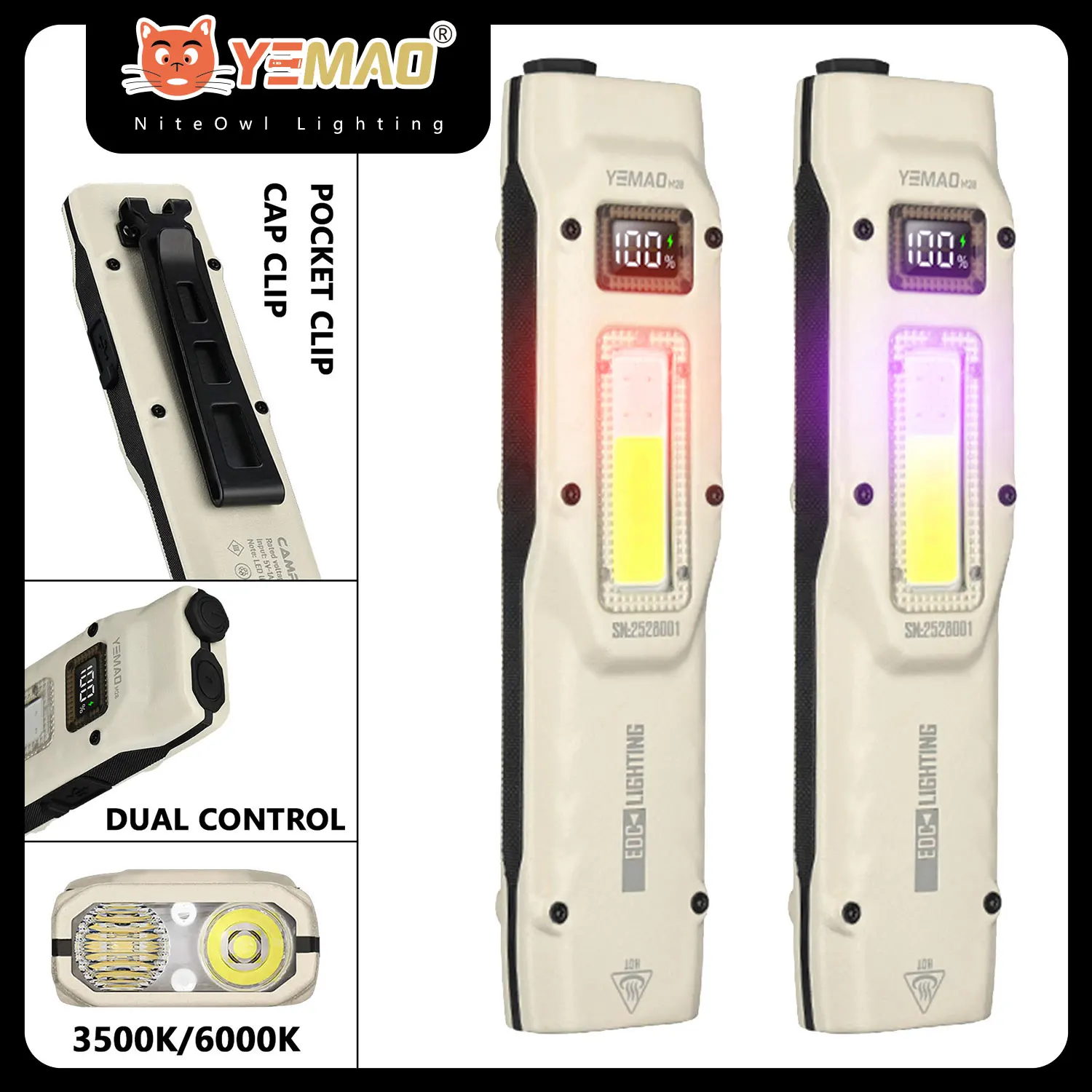 Portable 880LM YEMAO M28 Ultra-thin Tactical work Flashlight With Two Way Clamp 1000mAh dual core XPL wick Digital display IPX4