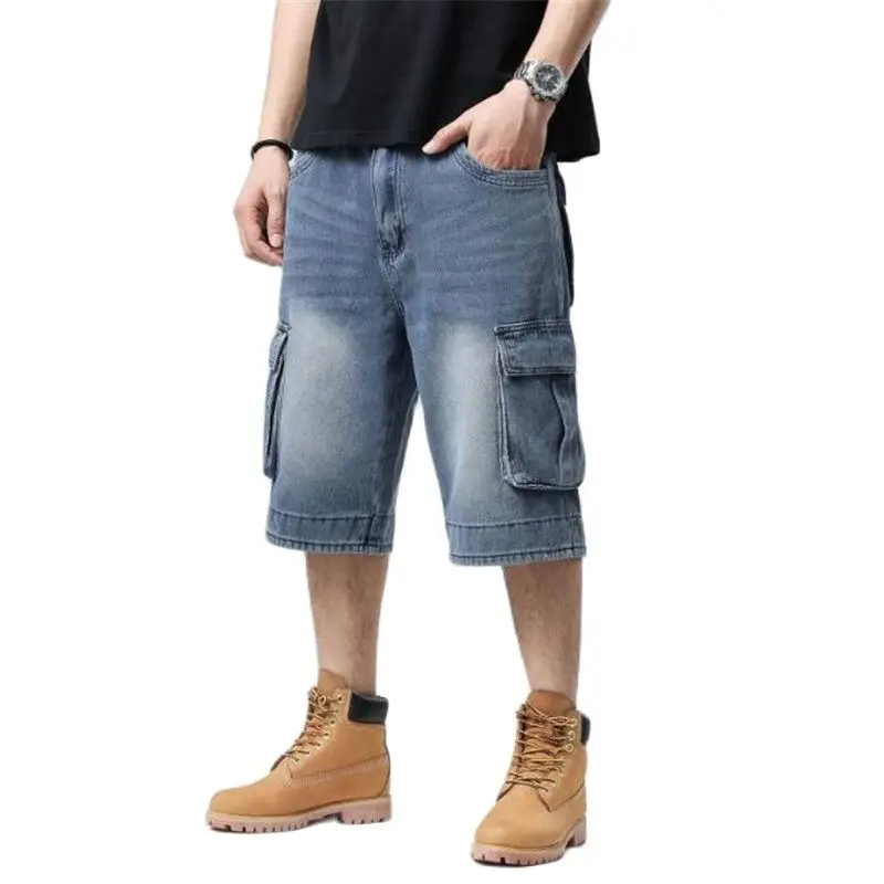 Plus Size 46 Light Blue Cargo Jeans Tide Men Cropped Trousers Summer HipHop Board Short Loose Bottoms Male Denim Pants