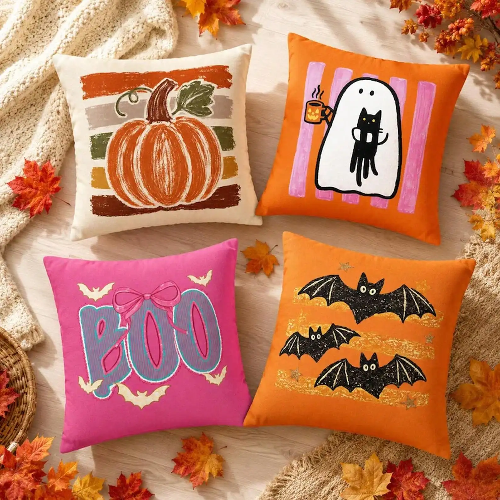 1pc Halloween Throw Pillow Covers, Colorful Dopamine Decor Preppy Stripe,2D Double Sided Eclectic Spooky Pumpkin Ghost Bat