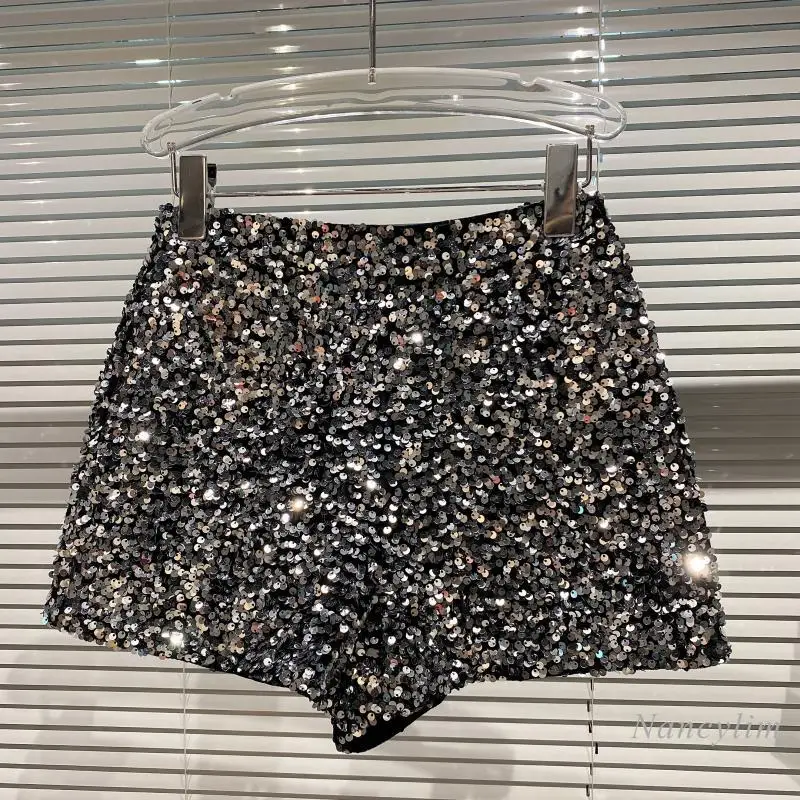 Whole Body Sequins Shorts Women Spring Autumn New Shiny Zipper Nightclub Short Femme Slim Fit Sliver Black 2023