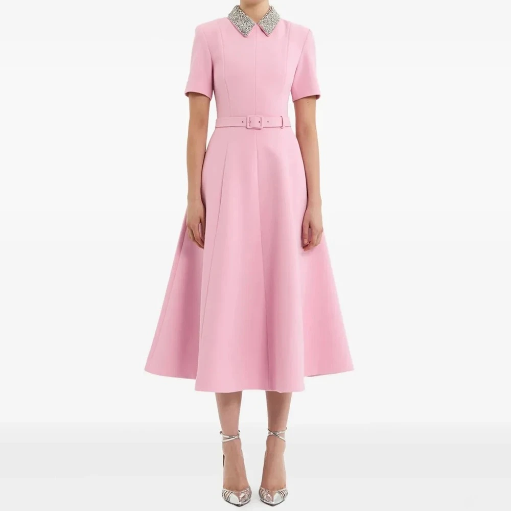 Pink A-line Women's Evening Dresses Customized High Neck Short Sleeve Tea Length Prom Gown Fashion Sashes Draped Party Dress