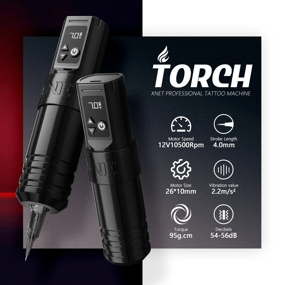 XNET Torch Wireless Tattoo Machine Rotary Battery Pen with Extra 36mm Grip Coreless Motor 4.0mm Stroke for Tattoo Artist Body