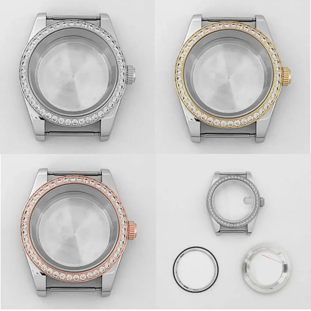 39mm Stainless Steel Diamond Sapphire Glass Watch Case for NH35 NH36 Movement Watch Parts Gold Rose Silver Color