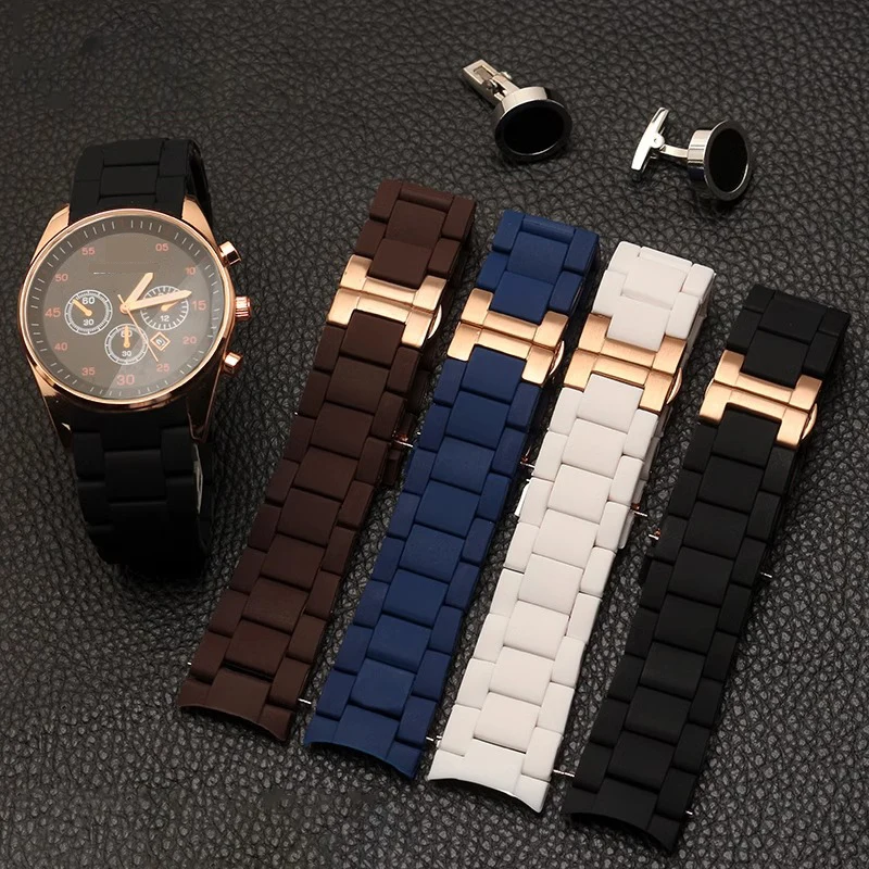 منحنى نهاية حزام (استيك) ساعة ل أرماني سيليكون الفولاذ المقاوم للصدأ سوار AR5905 5890 5919 5906 5891 5920 20 مللي متر 23 مللي متر حزام أسود بني