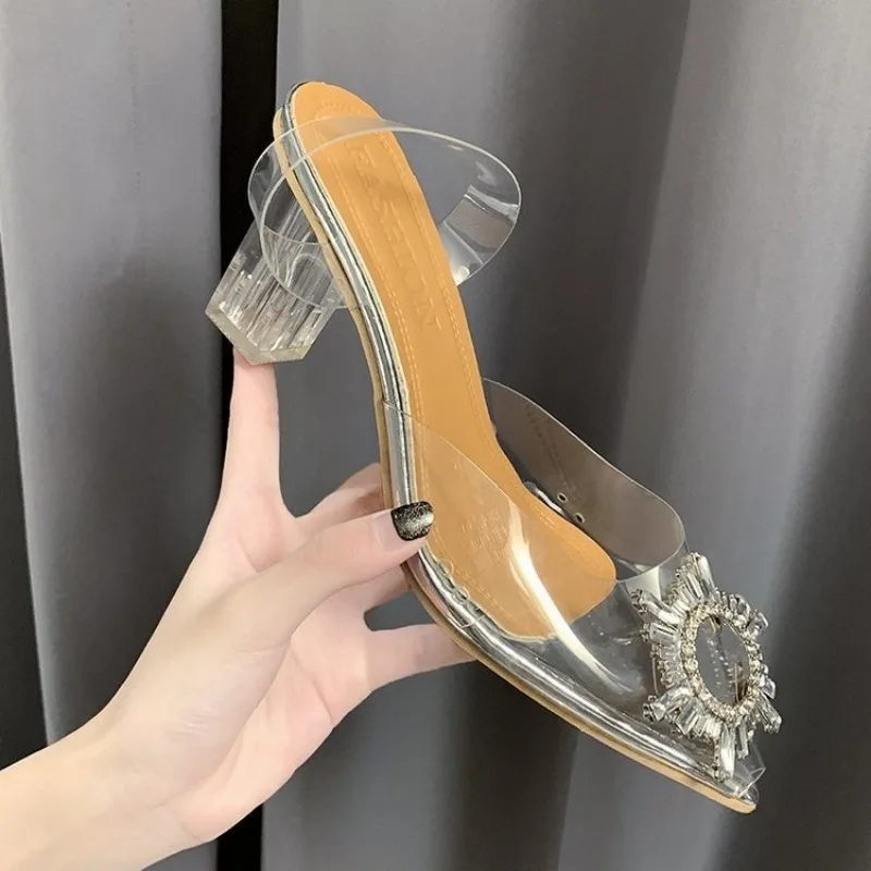 Women High Heel Sandals Summer Sexy Wedding Transparent Banquet Sunflower Comfortable Low Top Crystal Luxury Women Sandals