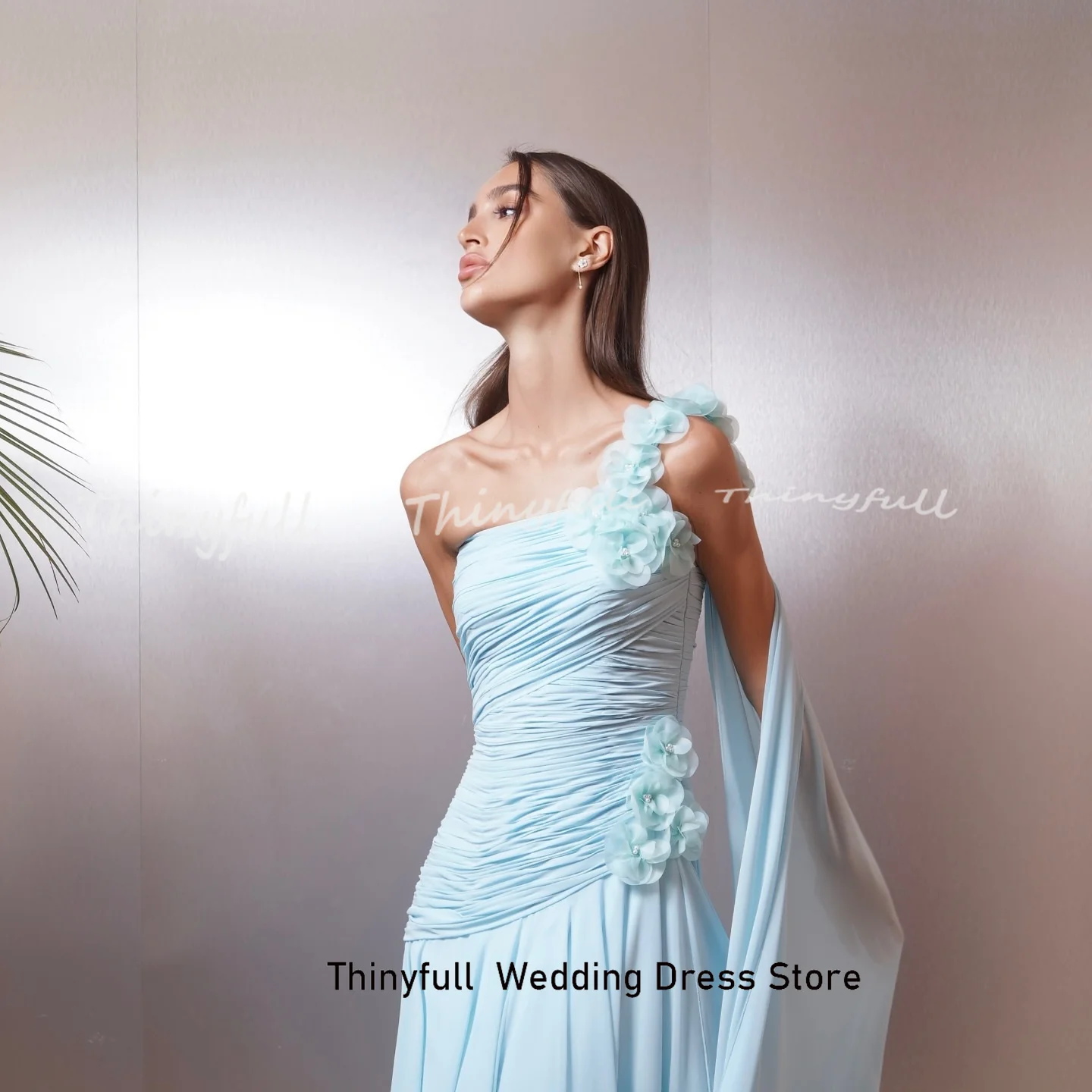 Thinyfull 3D Flower Chiffon Arab Prom Dresses Sleeveless One Shoulder Evening Party Dress Long Formal Occasion Gown Customized image 4