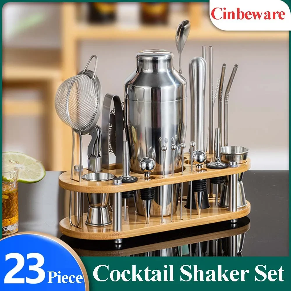 Stainless Steel Bar Cocktail Shaker Set Complete Bartender Kit with Bamboo Stand For Home Bar Party Bar Accessories Club 23piece