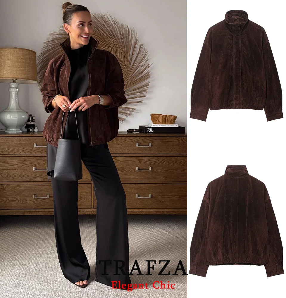 

KONDALA Women Vintage Suede Jacket Standing Collar Dark Brown Loose Zipper Jacket 2025 Lady Fall Winter Casual Chic Jacket Coat
