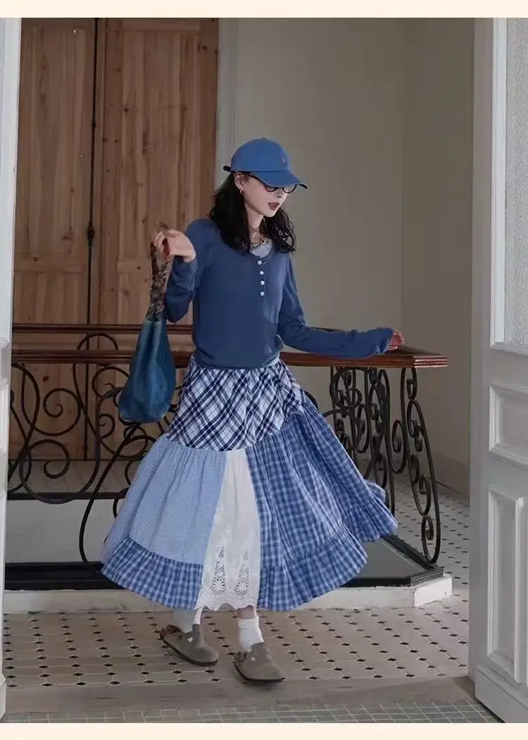 Nuovo in plaid patchwork misto cotone gonna lunga per donna 2025 moda giapponese dolce Mori ragazza gonne di media lunghezza panno donna