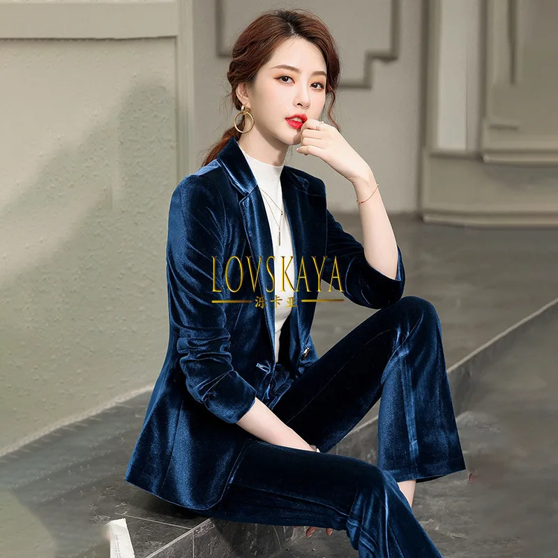 Golden velvet suit set long sleeved suit jacket women\'s professional temperament top autumn and winter