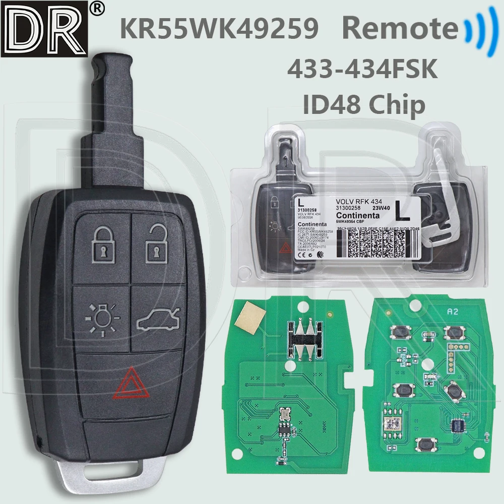 DR KR55WK49259 ID48 رقاقة 433-434FSK PFK 31300258 سيارة مفتاح تحكم عن بعد لفولفو C30 V40 S40 V50 D5 S60 C70 V70 XC90