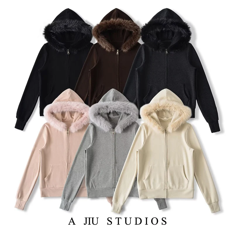 

Женский повседневный свитер на молнии с капюшоном и съемным меховым воротником, свободный крой, осенне-зимний универсальный открытый кардиган, пальто
