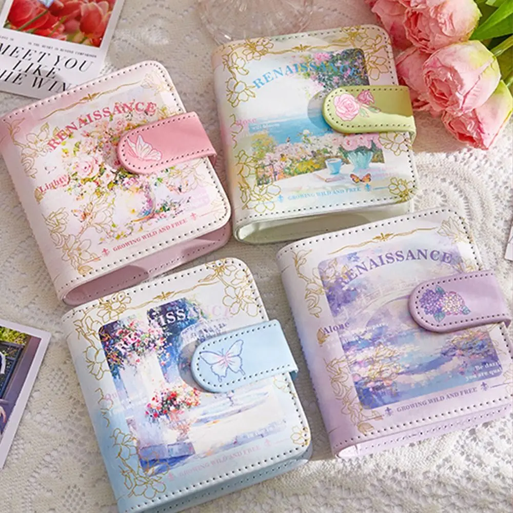 

Vintage Card Storage Booklet Oil Painting Style Refillable Mini 3-Ring Photo Album Holds 3-inch Retro Loose Leaf Binders Cover