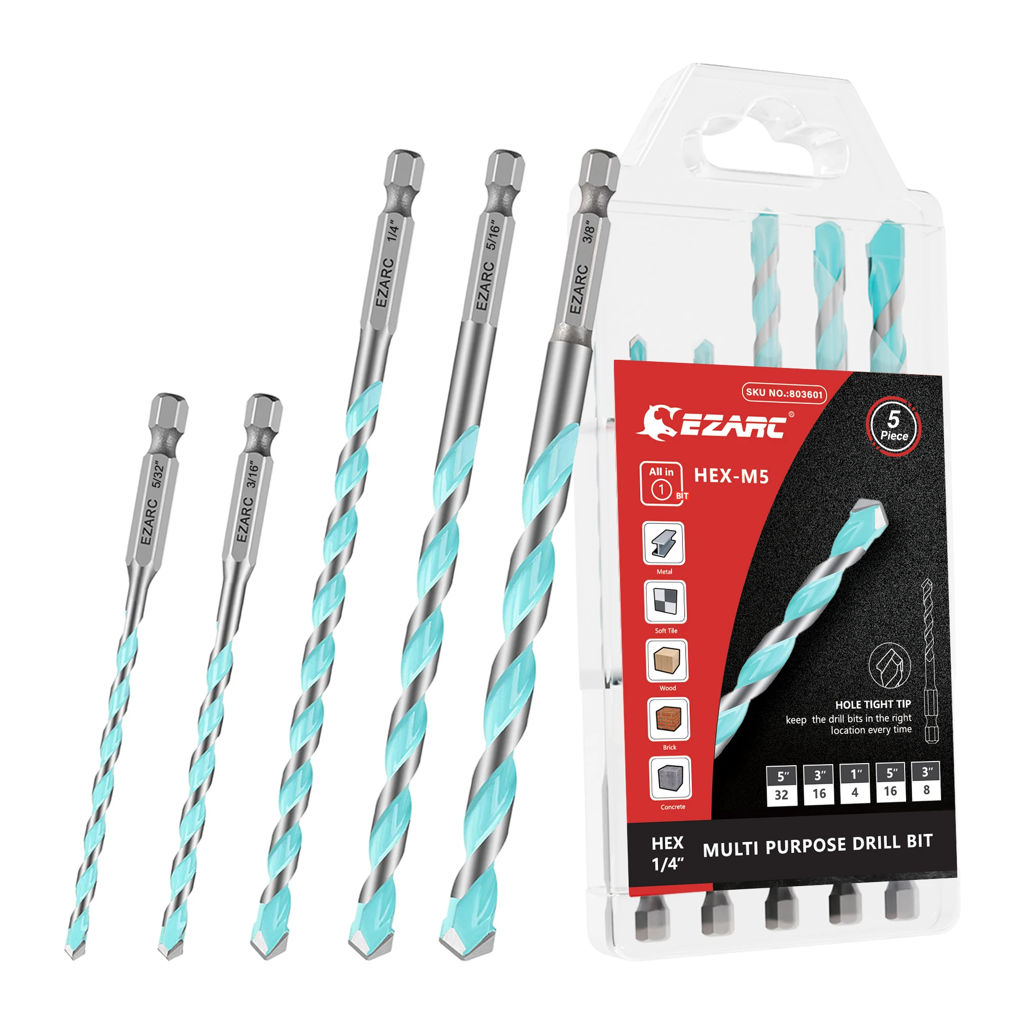 5PCS Set di punte da trapano per muratura in metallo duro Punta da trapano per calcestruzzo Punta da trapano con codolo esagonale per mattoni/cemento/piastrelle/blocco/plastica/vetro/legno/metallo