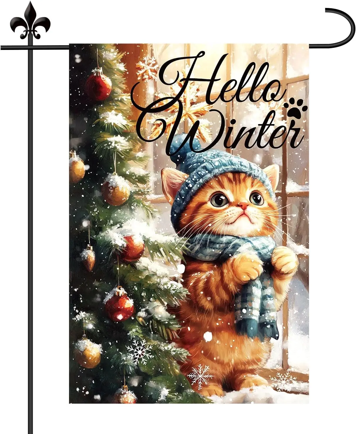 Winter Cat Garden Flag, 18x12in Double Sided Hello Winter Yard Flag Winter Cat Themed Garden Flags Kitten Garden Flag Outsid SSL