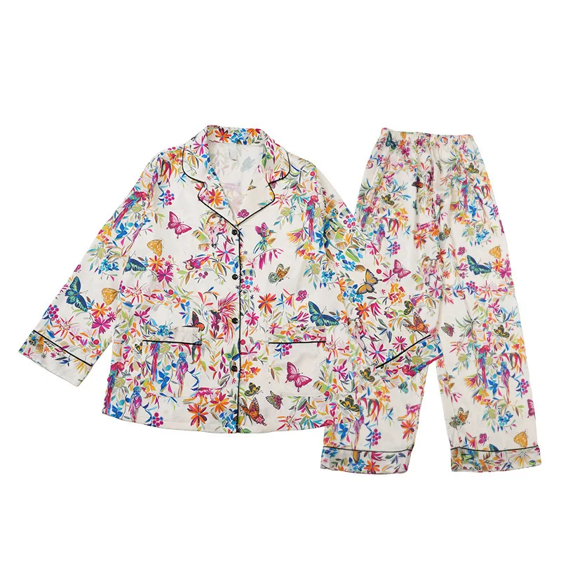 2024 All Season Cool Breathable Ice Silk Pajamas Women Long Sleeve Set Button Flower Butterfly Printed Home Clothes Nightgown
