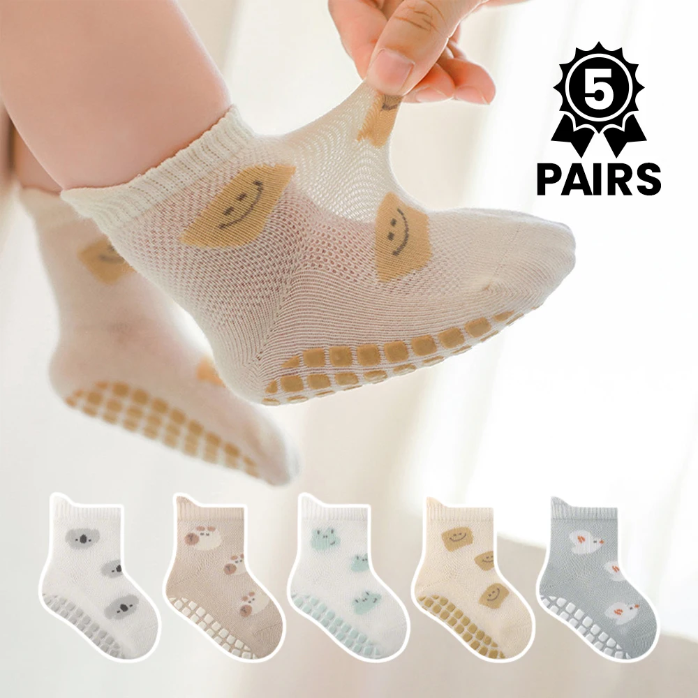 5pairs Toddler Non Slip Floor Socks Kids Breathable Mesh Anti Skid Walking Socks Cute Cartoon Koala Bear Pattern Baby Ankle Sock