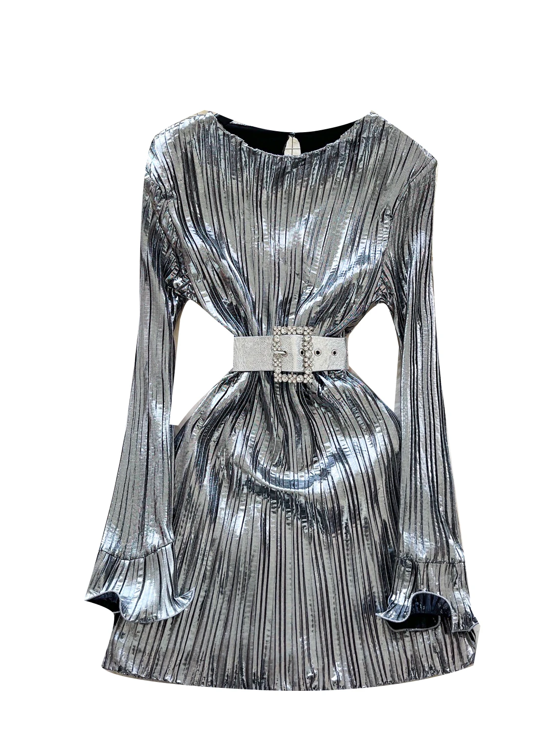 Mini robe de soirée argentée pour femmes, Vintage, élégante, col rond, manches longues, avec ceinture, frocs une pièce, vêtements d'automne, Y2k